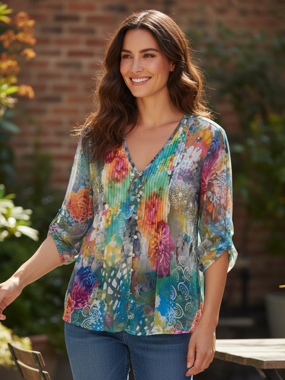 Watercolor Pleated Floral Blouse Boho